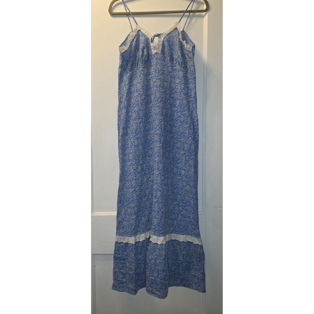 Vintage 70's Sears Ditsy Blue Floral Print Spaghetti Strap Prairie Maxi Dress.